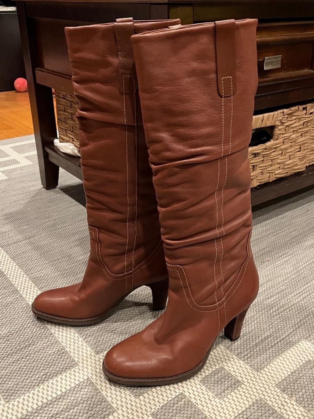 VIA SPIGA Brown Distressed Ruched Slouchy Leather Heeled Boots Size 7.5